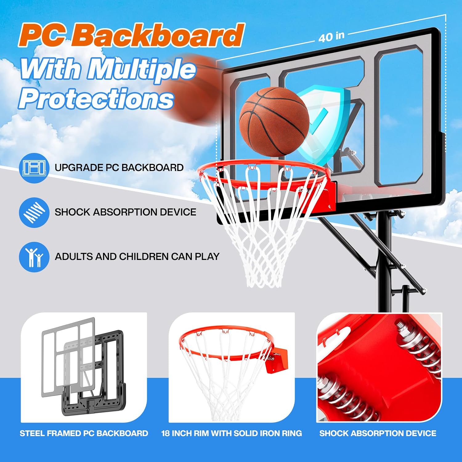 Basketball Hoop 40/44/48 Inch Impact Backboard