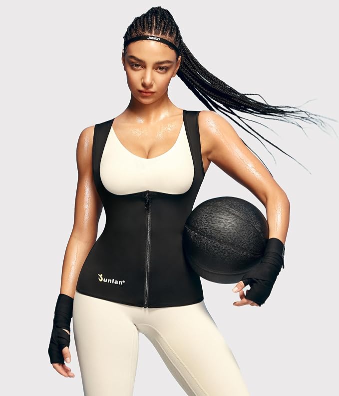 Junlan Sauna Suit Vest Waist Trainer for Women Zipper Sweat Tank Top Shaper